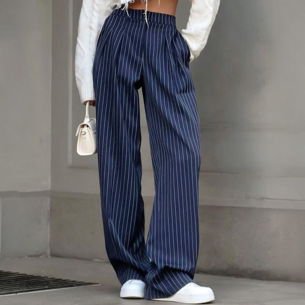 Commense Blue White Pinstripe Pleated Wide Leg Pants Size S